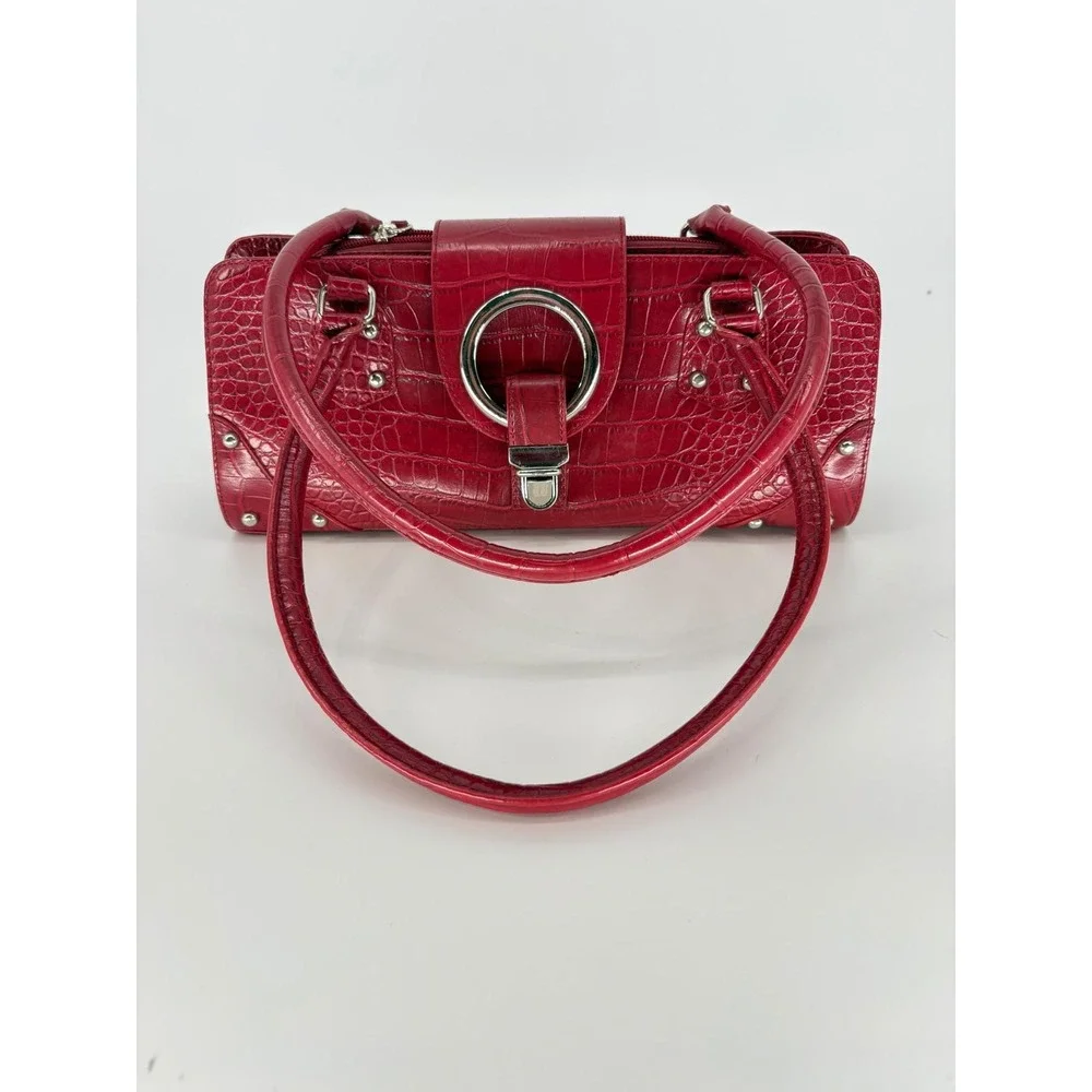 Vintage Red Faux Crocodile Shoulder Bag Baguette Purse Satchel Studded 90s Y2K